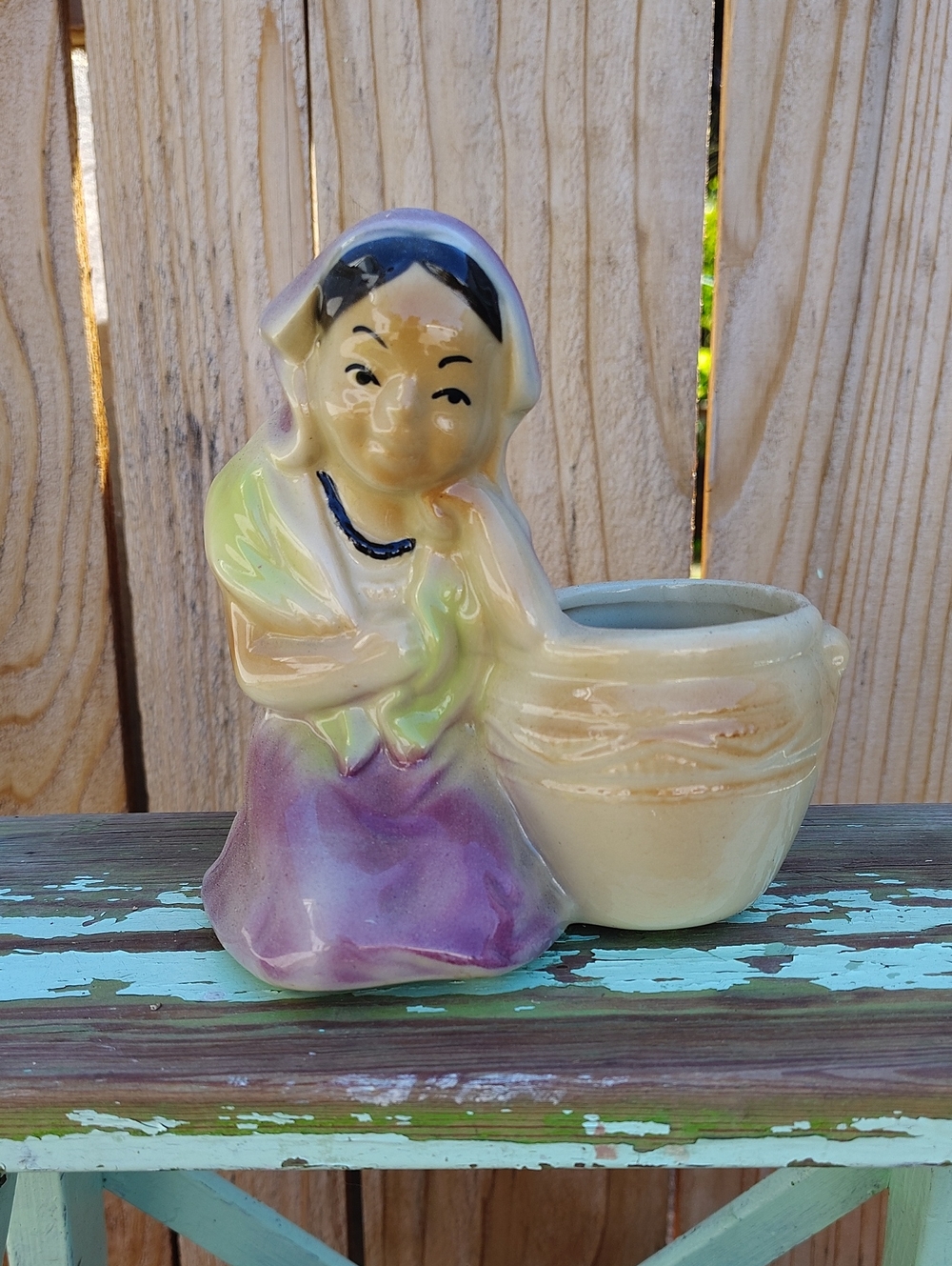Vintage Ceramic Sitting Girl Planter in Lavender and Cream